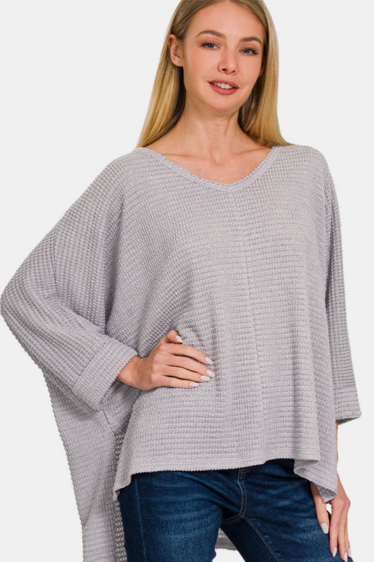 Women's Zenana Waffle Knit V-Neck Long Sleeve Slit Top