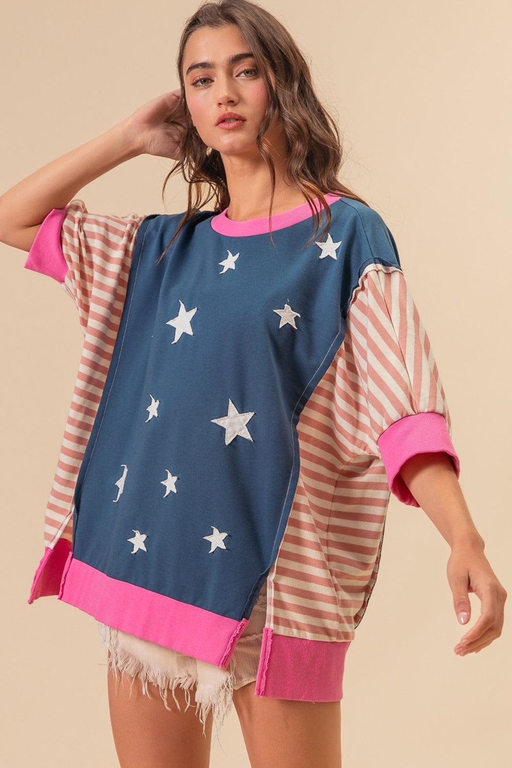 Women's BiBi US Flag Theme Color Block Star Patch T-Shirt