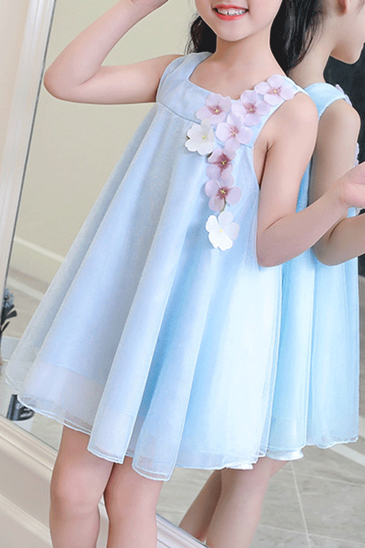 Kids Girls Flower Decoration Flare Short Dress - C10859TCKGD