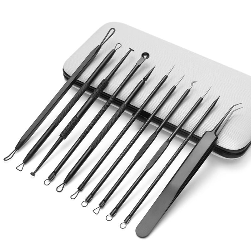 Spot stainless steel acne needle 11-piece set, black double-ended acne needle beauty tool