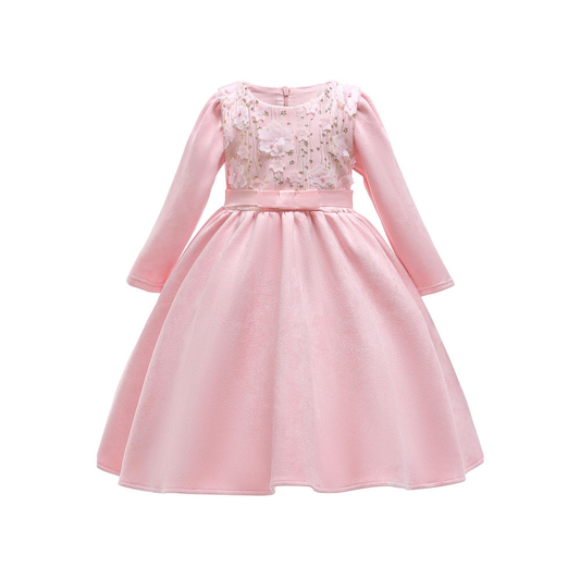 Kids Girls Beautiful Floral Decorated Round Neck Backside Zip Closure Superb Party Dress - C2718TCKGD