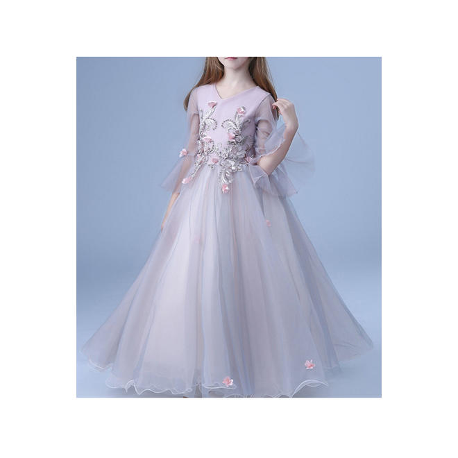 Kid Girl Stylish Flower Bell Sleeve Wedding Dress - KGDC39704