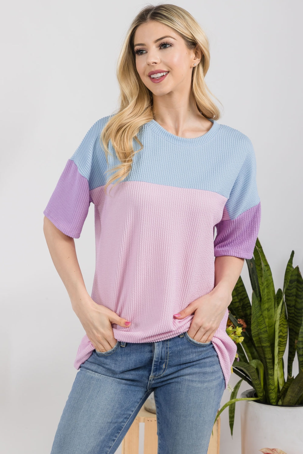 Women's Celeste Full Size Ribbed Color Block T-Shirt