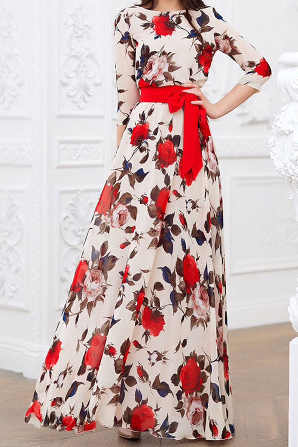 Women Roses Printed High Neck Cloth Belt Printed Dress - C2371UD