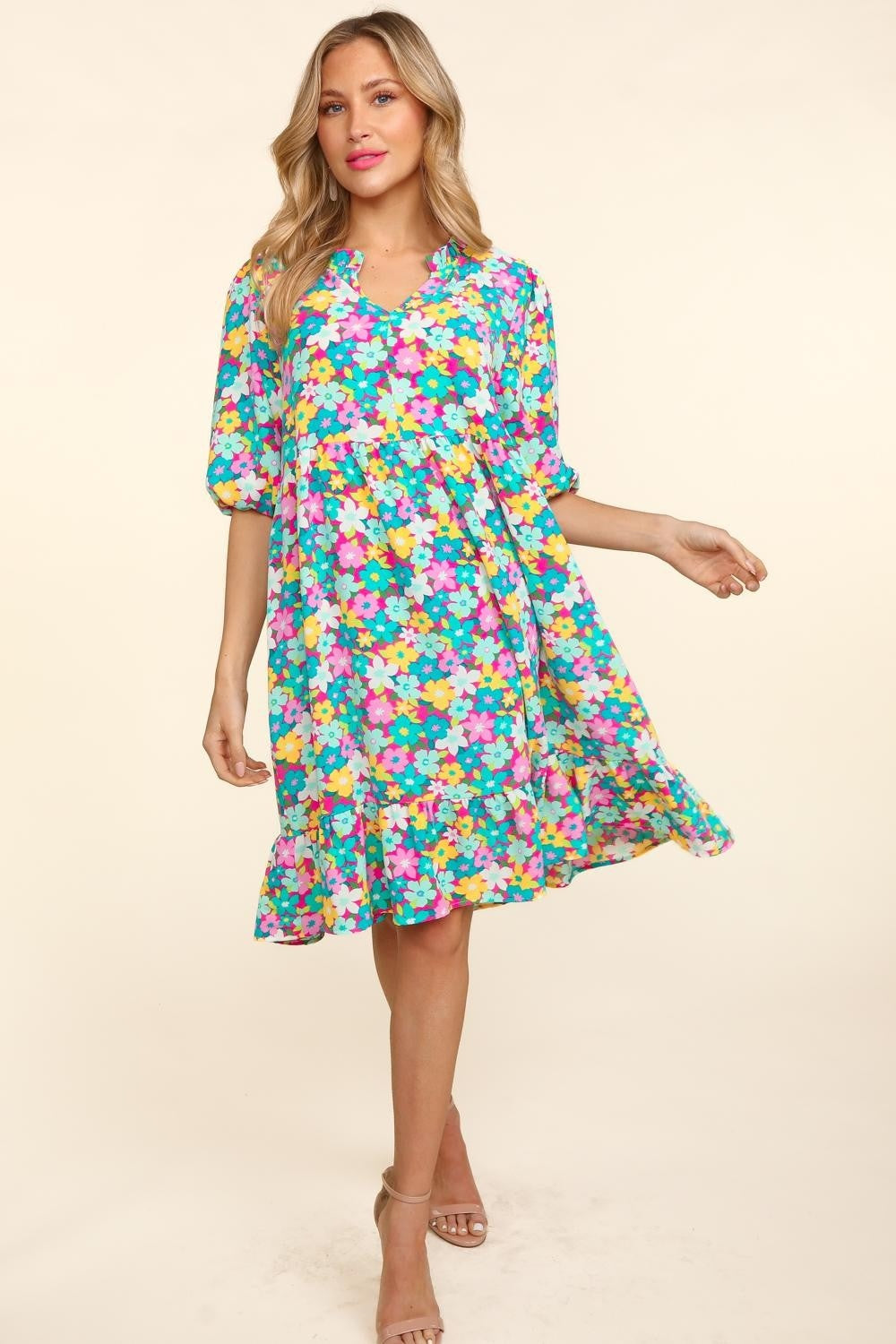 Women's Haptics Bubble Sleeve Floral Ruffled Dress