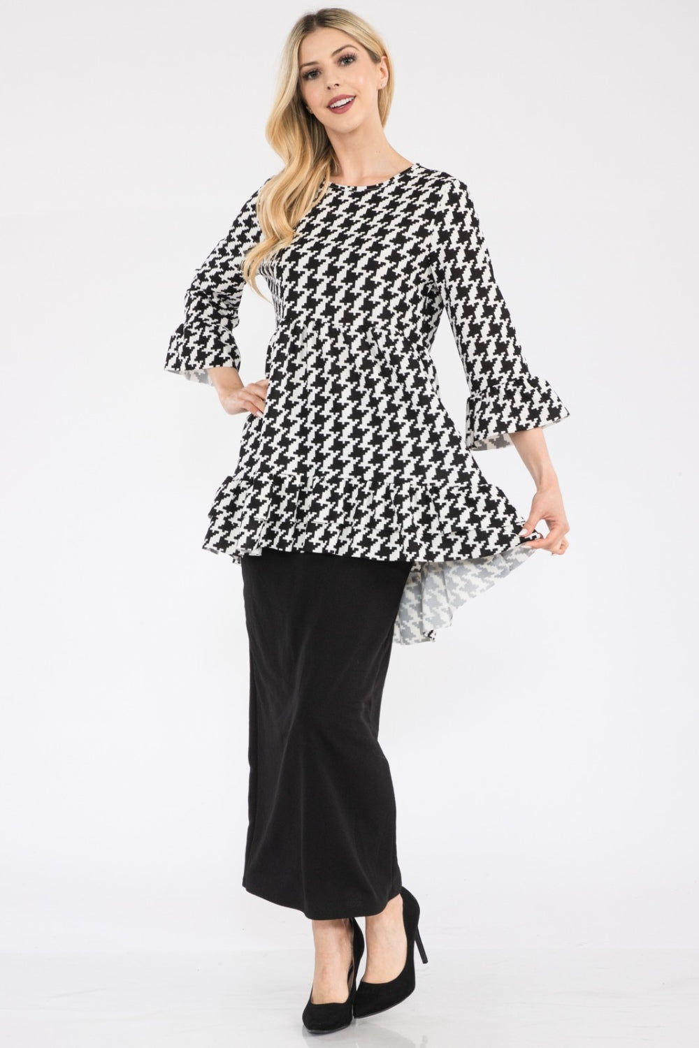 Women's Celeste Full Size Houndstooth Flounce Sleeve High-Low Top