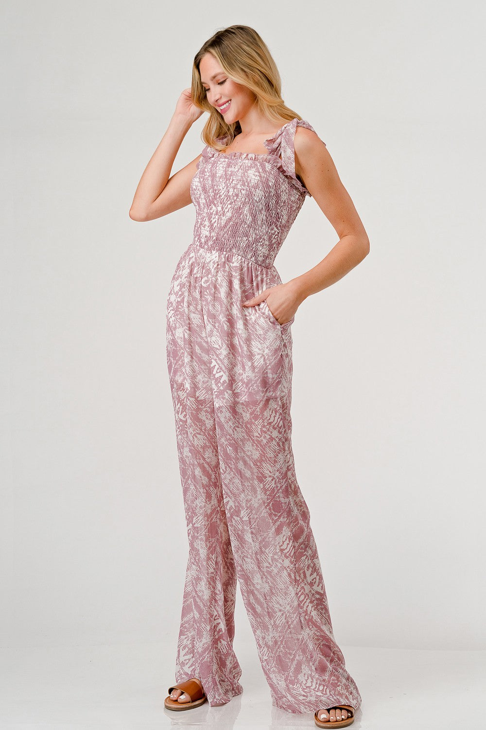 Women's GeeGee Printed Tie Shoulder Wide Leg Jumpsuit