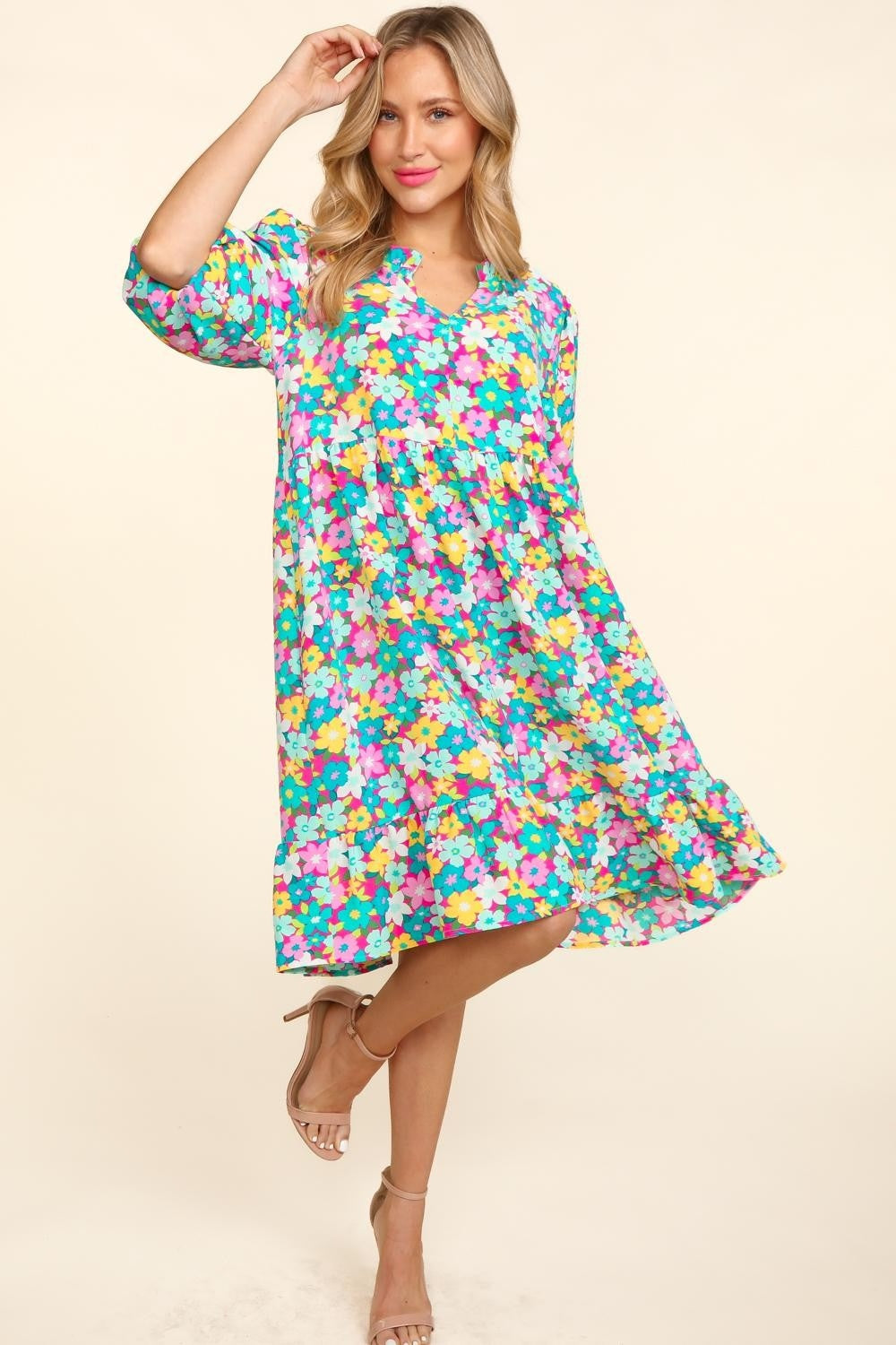 Women's Haptics Bubble Sleeve Floral Ruffled Dress