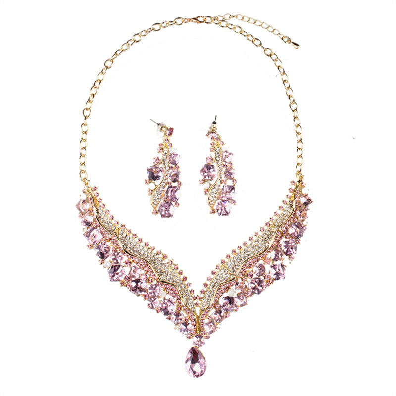 Pink short clavicle chain earrings rhinestone necklace