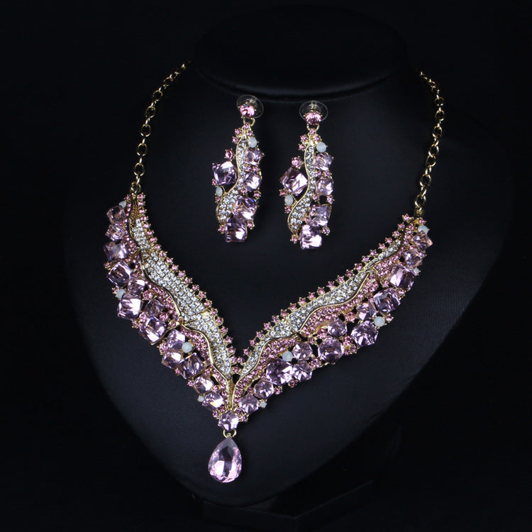 Pink short clavicle chain earrings rhinestone necklace