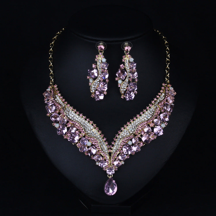 Pink short clavicle chain earrings rhinestone necklace