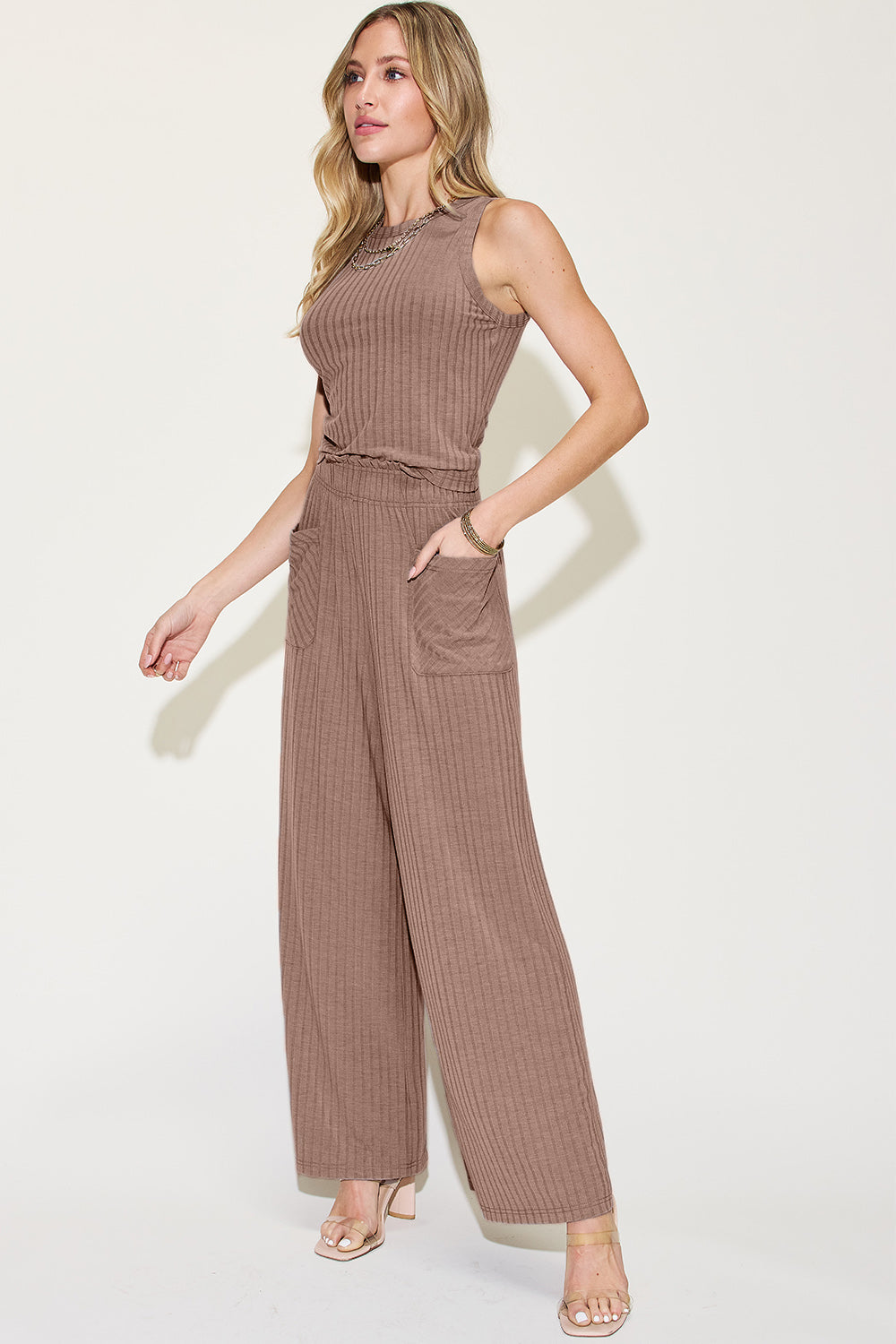 Women's Basic Bae Full Size Ribbed Tank and Wide Leg Pants Set