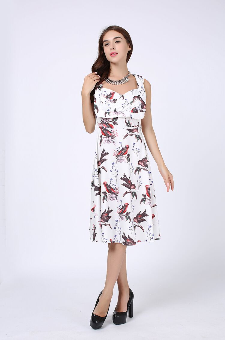 Ketty More Women Lovely Bird Printed Sleeveless Mid Length Tremendous Dress-KMWDC9009