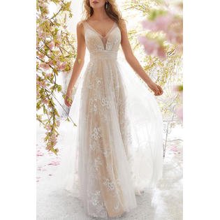 Women Crochet Lace V-Neck Long Wedding Dress - C13586KMD