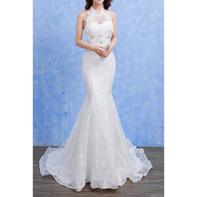 Women High Neck Lace Decorated Wedding Dress - C2795TCD