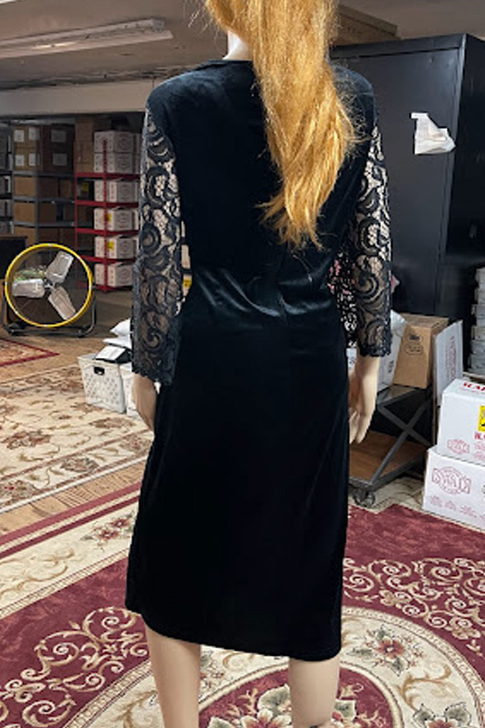 Women Superb Solid Pattern Round Neck Lace Decorated Sleeve Elegant Straight Dress - WD117751