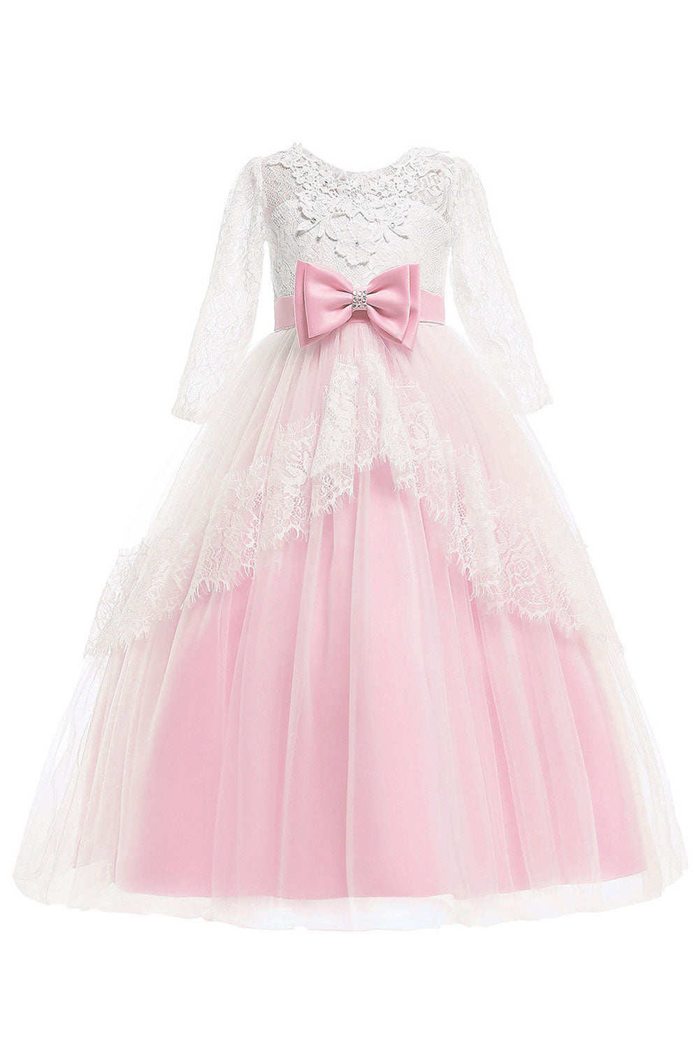 Kids Girls Outstanding Bow Knoted Waist Round Neck Floral Lace Decorated Beautiful Princess Dress - KGD114651