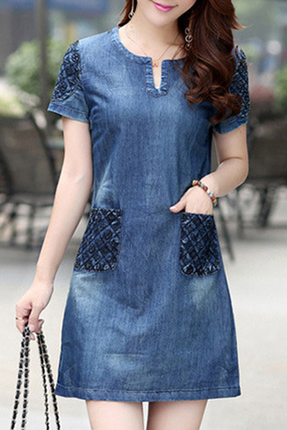 Women Short Sleeve Casual Mid Length Pocket Styling Elegant Soft Denim Dress - WD66527