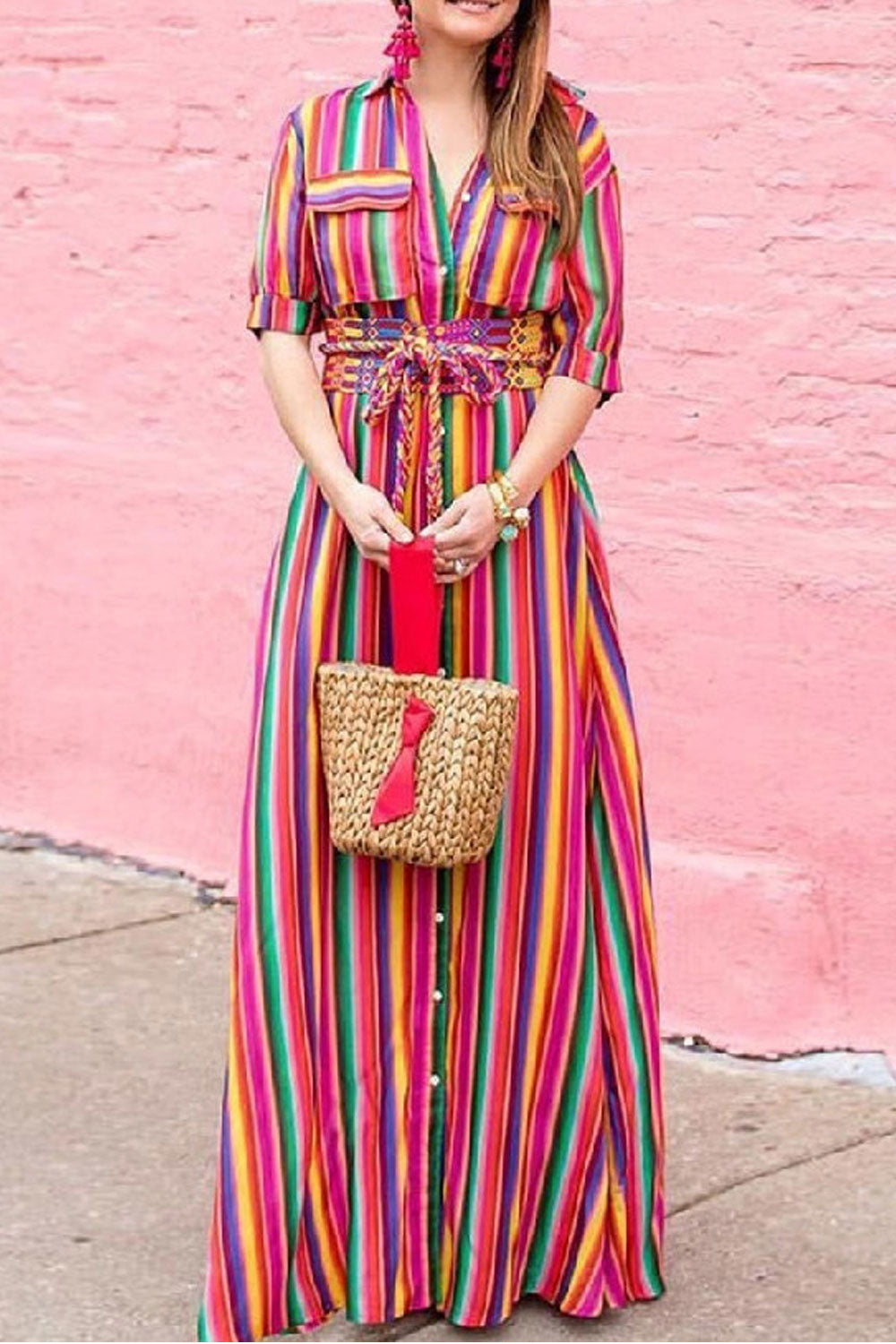 Women Colorful Stripes Fasten Tie Long Dress - C13519JPD