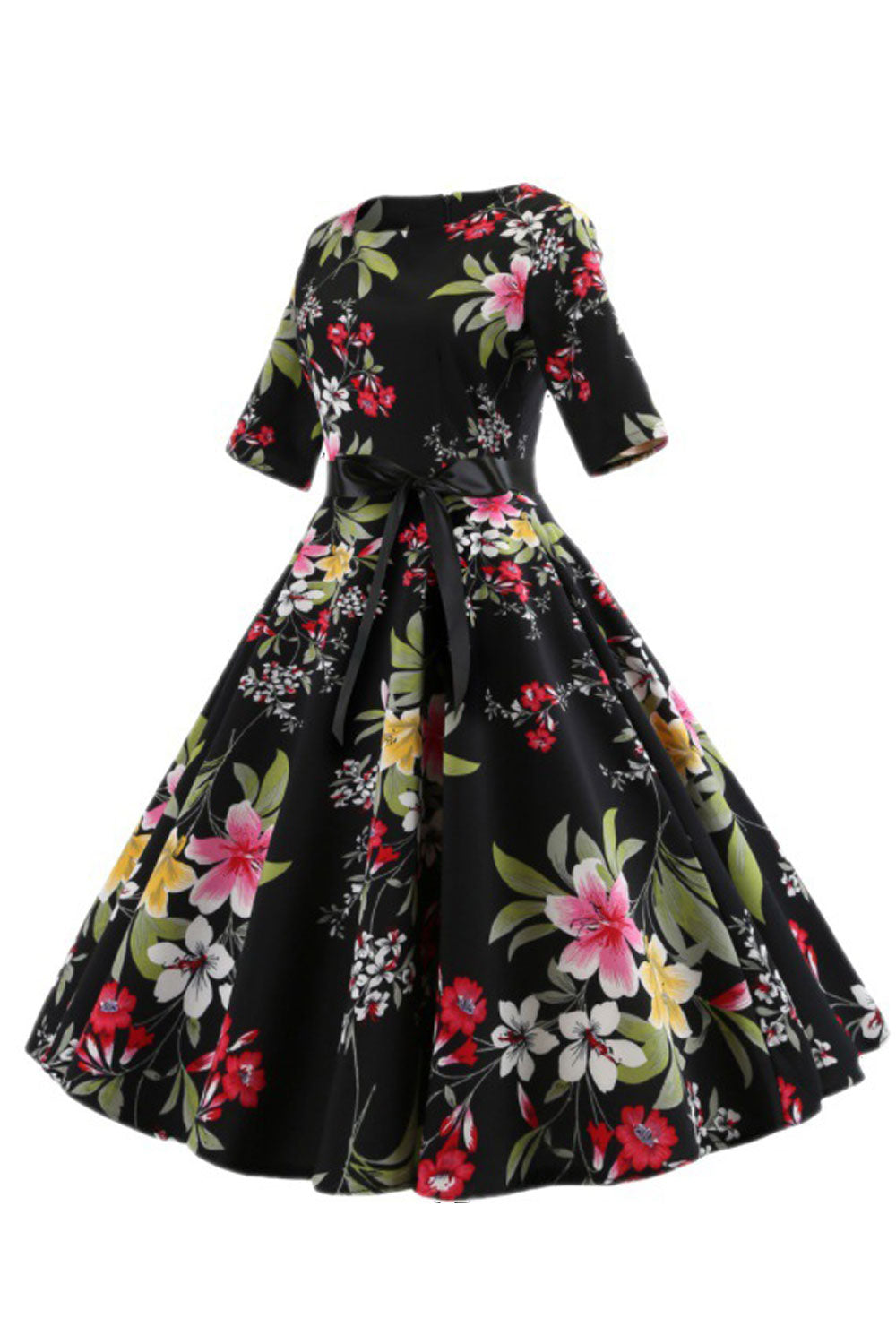 Women Lovely Floral Printed Short Sleeve Round Neck Ribbon Waist Elegant Swing Skirt Dress - WDC60012