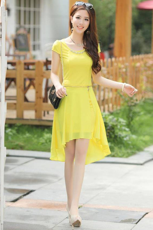 Ketty More Women Short Length Fit Waist Chiffon Dress Yellow - KMWD340