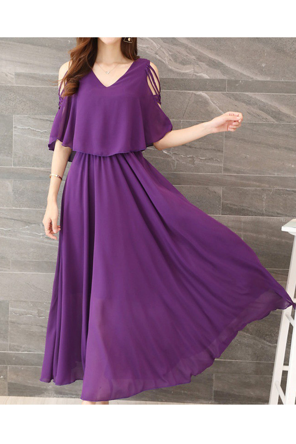 Women Restful V-Neck Breathable Short Sleeve Long Length Pleated Styled Amazing Solid Colored Dress - WPD66853