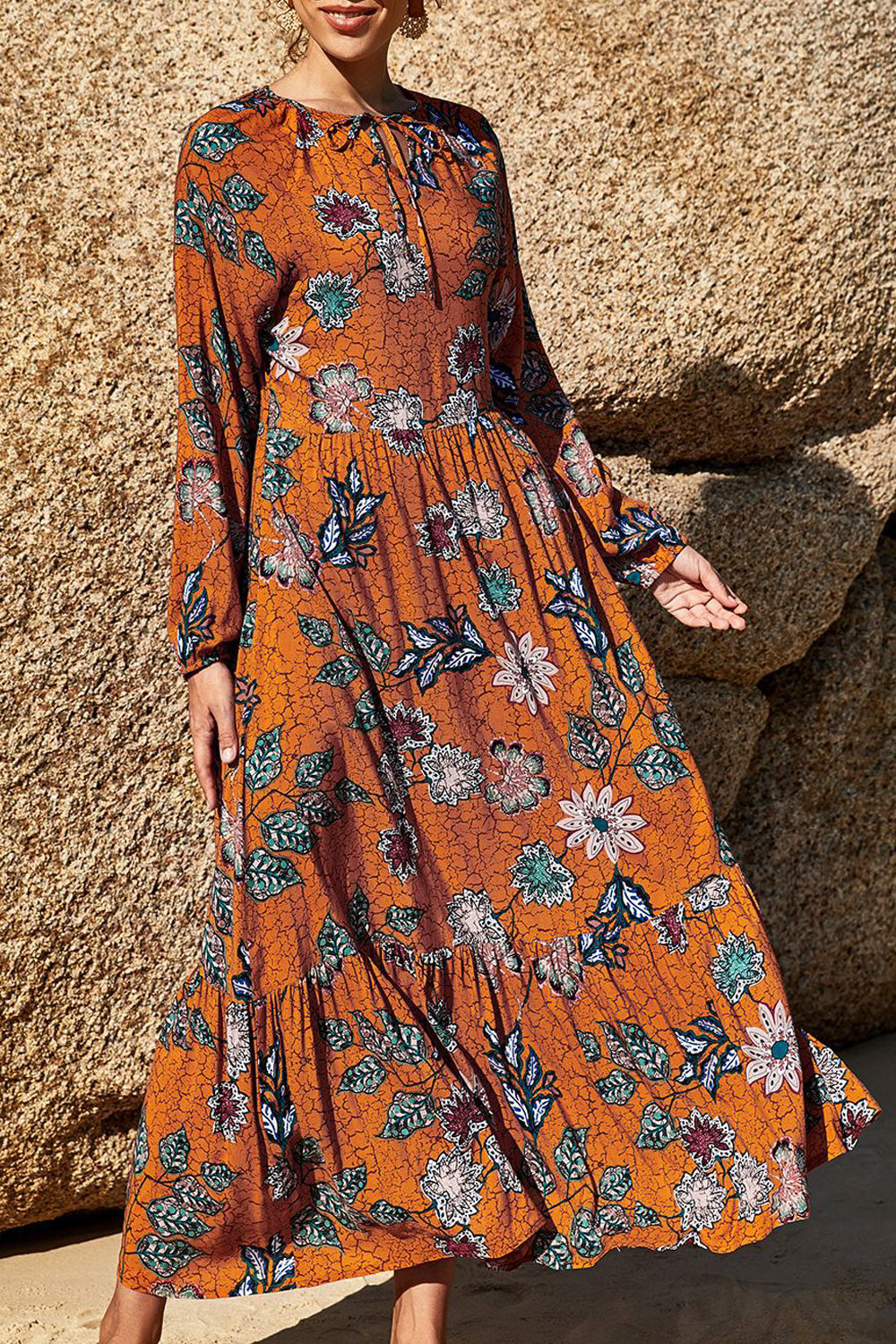 Women Long Length Loose Long Sleeve Modern Printed Pattern Superb Summer Thin Dress - C111JPD