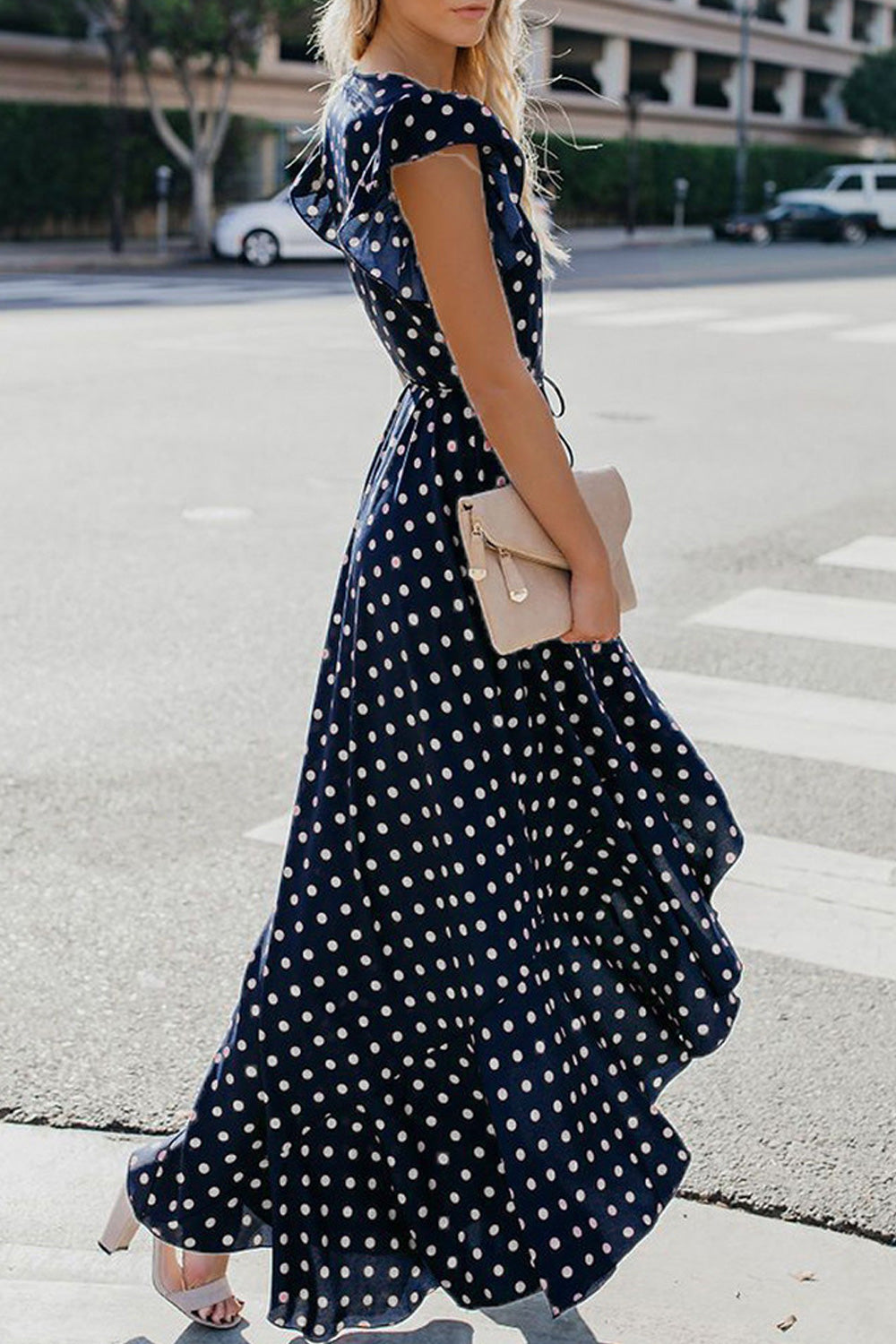 Women Deep V-Neck Ruffled Irregular Hem Pretty Polka Dotted Wonderful Dress - C13622ZWD