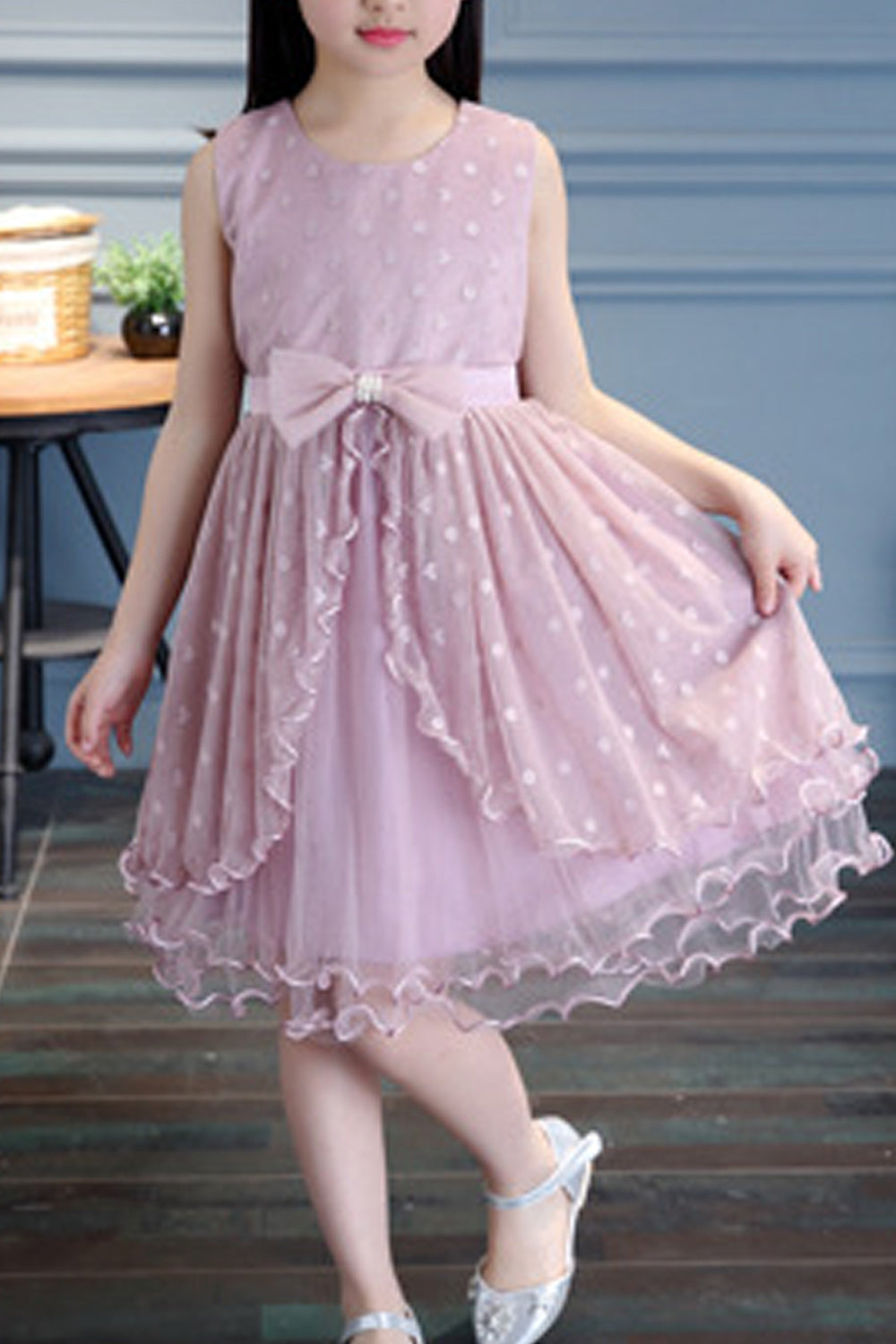 Kids Girls Solid Color Bow Decorated Fashion Summer Dress - KGD75679