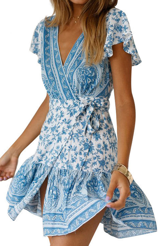 Women Short Sleeve Printed V-Neck Summer Dress - C12754