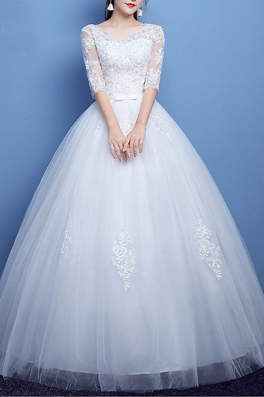 Women V-Neck 3/4 Sleeve Ball Gown Lace Dress - C971KMD