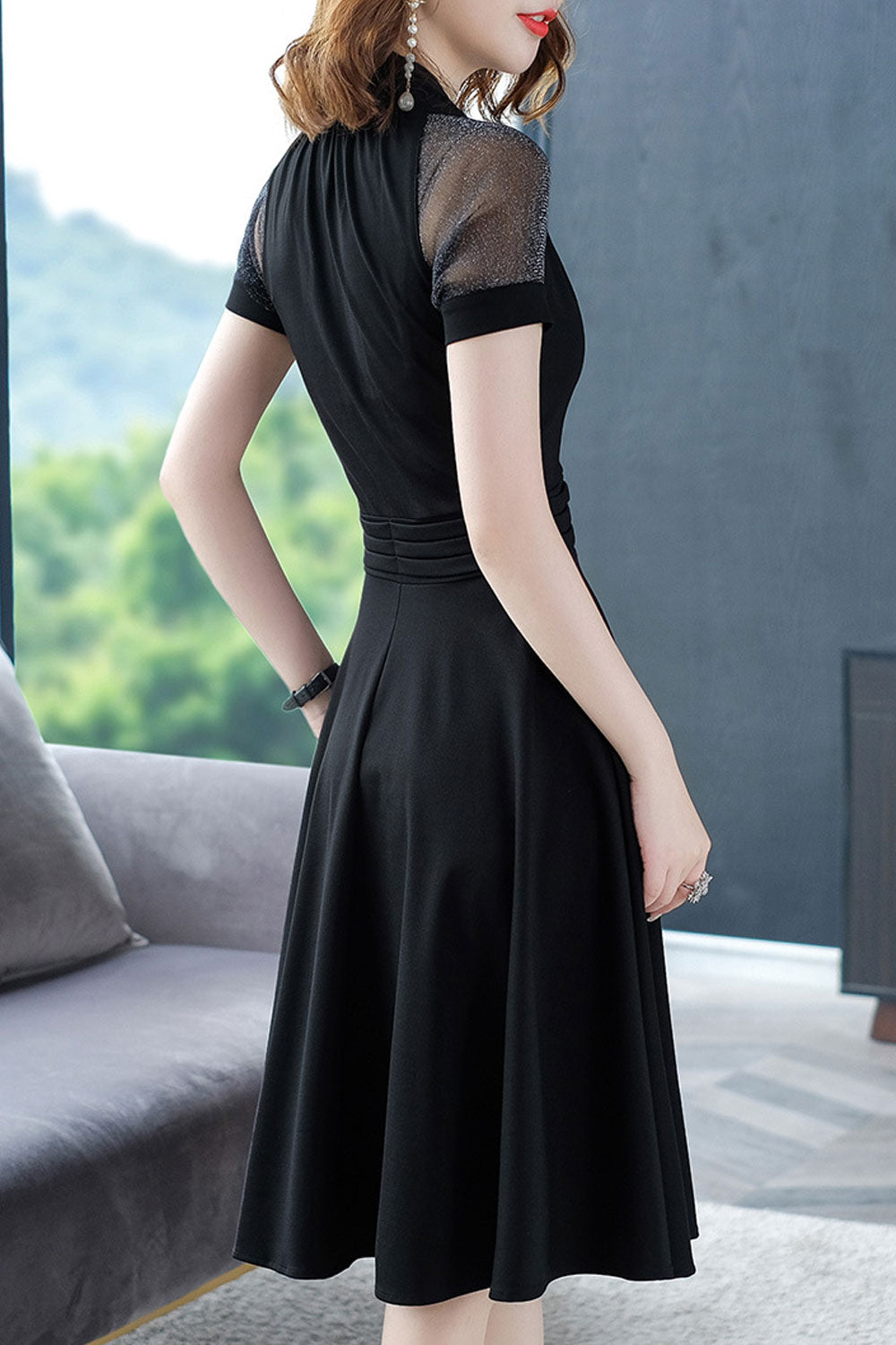 Women Thin Solid Pattern Mid Length Short Sleeve V-Neck Elegant Dress - WDC60195