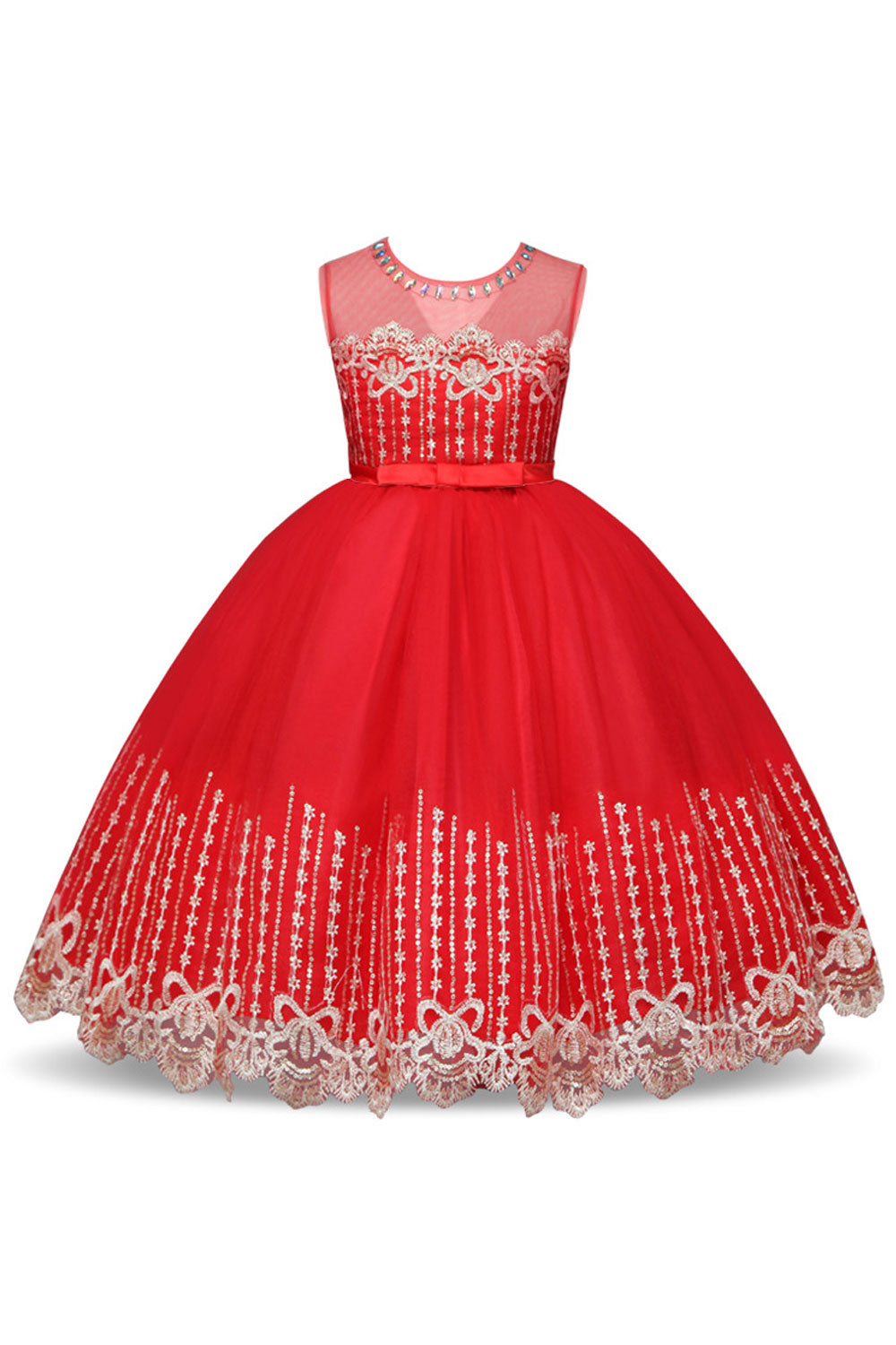 Kids Girls Fabulous Beads Decorated Round Neck Knoted Waist Lace Pattern Appealing Princess Dress - KGD116428