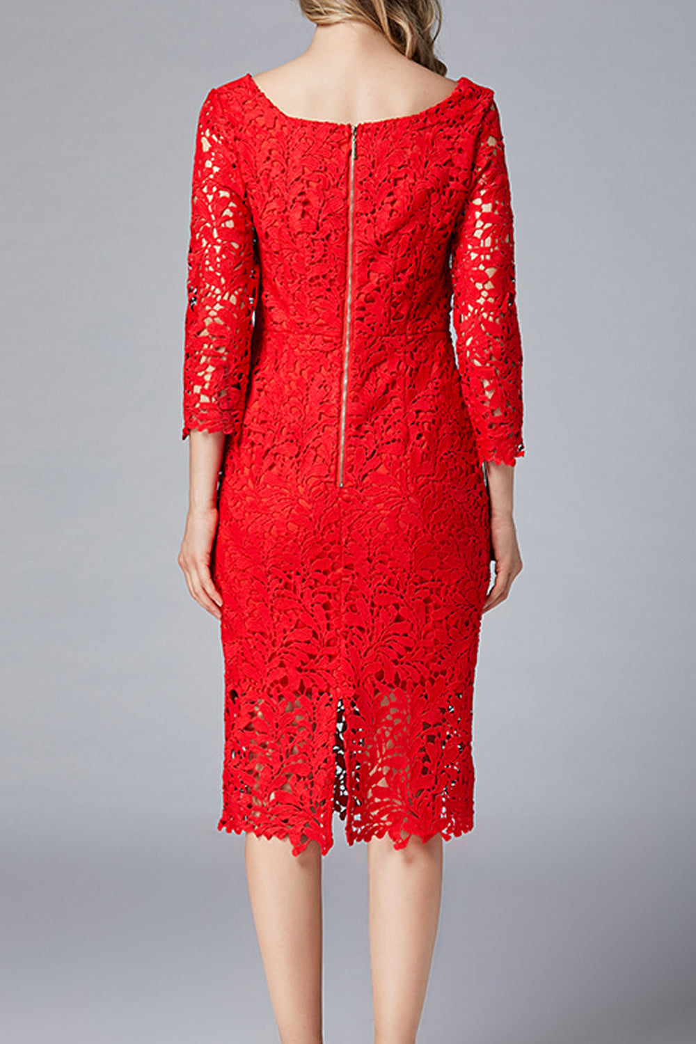 Women Charming Square Collar Red Color Floral Lace Pattern Dress - WD66709