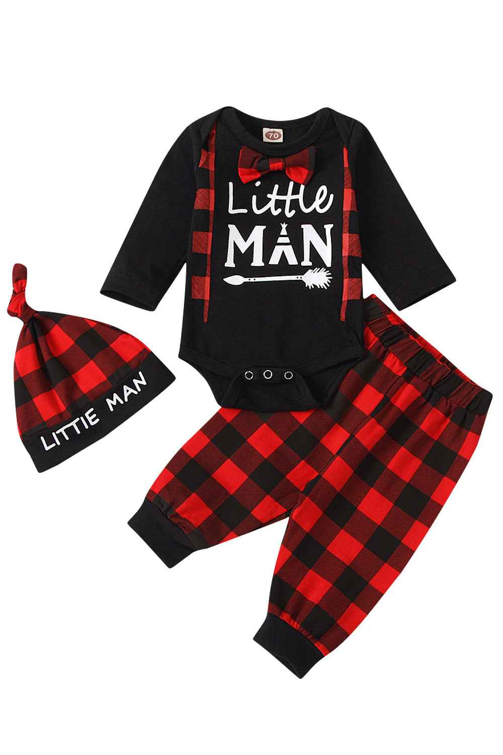 Baby Boys Outstanding Plaid Pattern Bow Attached Round Neck Long Sleeve Elasticated Waist Soft Outfit Set - BTBO67987