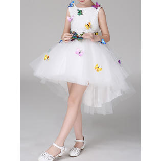 Kids Girls Round Neck Sleeveless Beautiful Butterflies Decorated Fancy Dress - C3992TCKGD