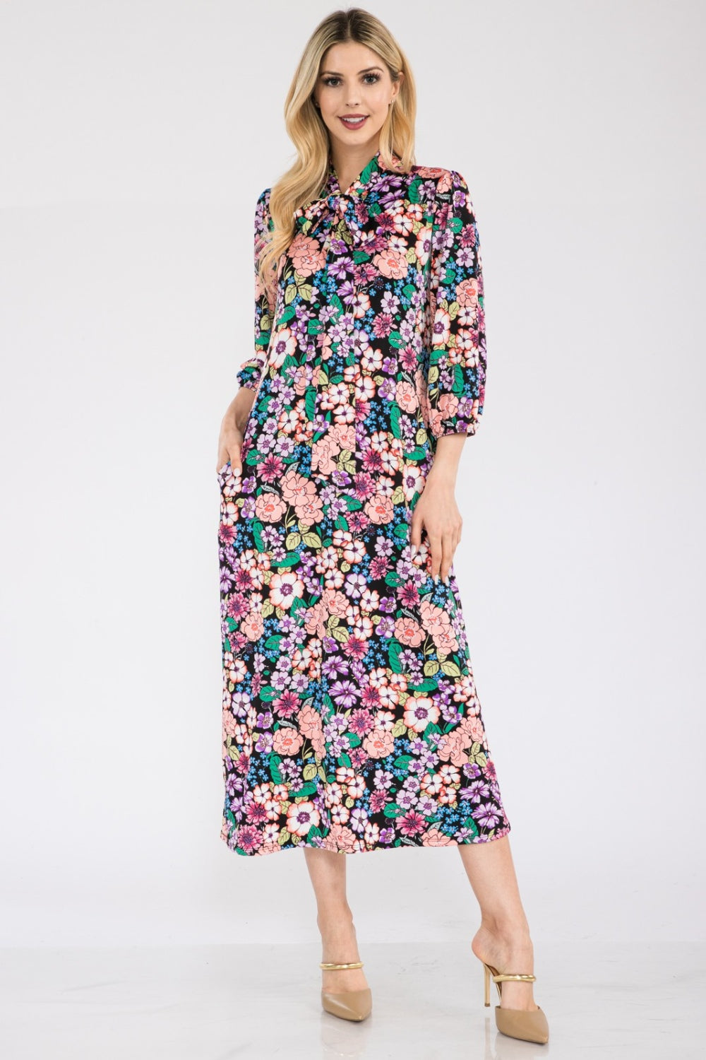 Women's Celeste Full Size Floral Midi Dress with Bow Tied