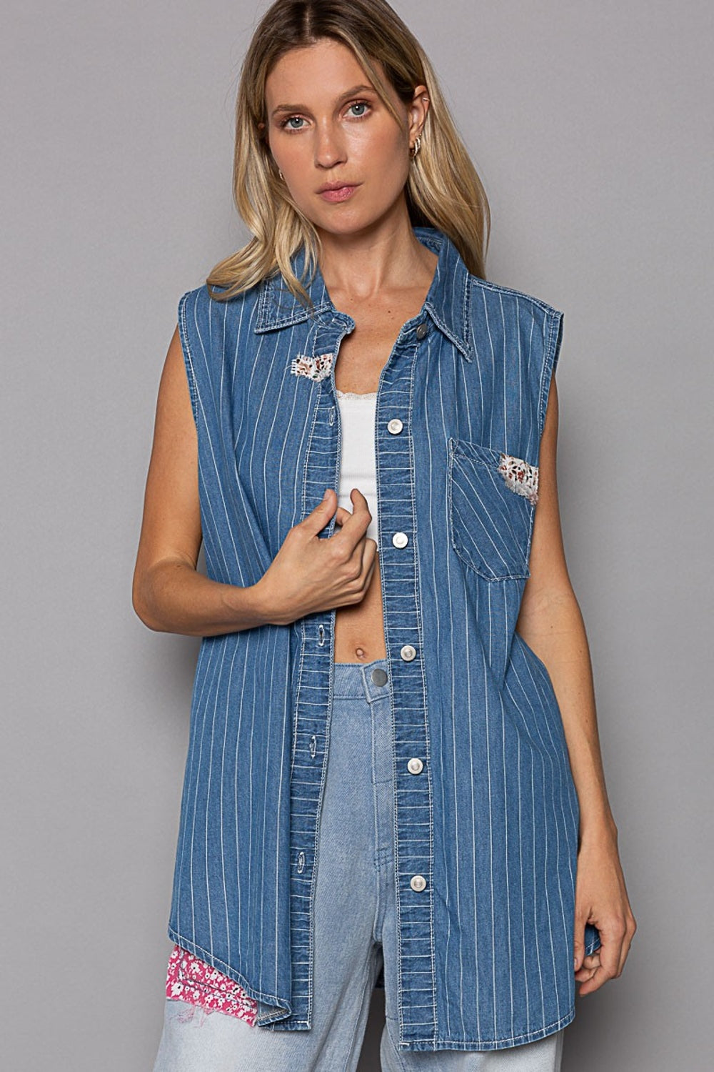 Women's POL Button Down Sleeveless Striped Denim Shirt