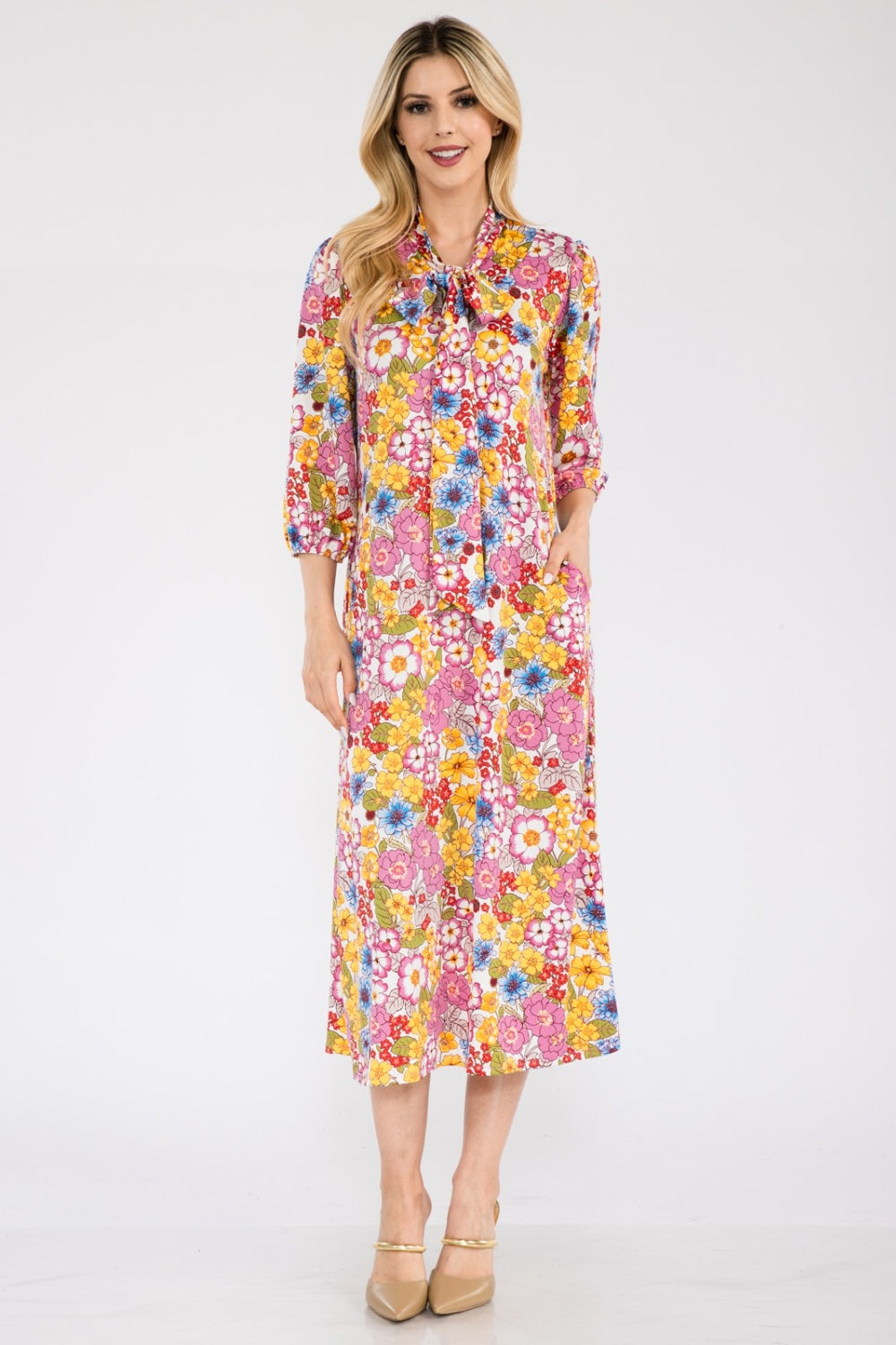 Women's Celeste Full Size Floral Midi Dress with Bow Tied