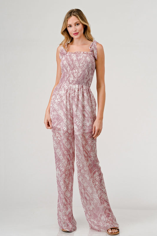 Women's GeeGee Printed Tie Shoulder Wide Leg Jumpsuit