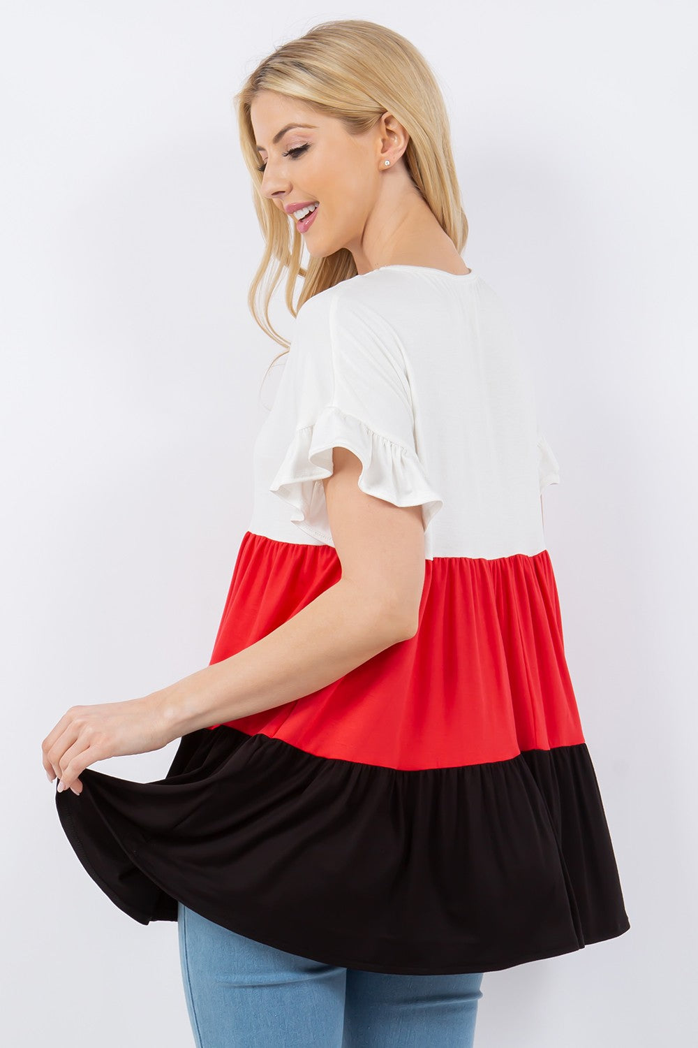 Women's Celeste Full Size Color Block Ruffled Short Sleeve Top