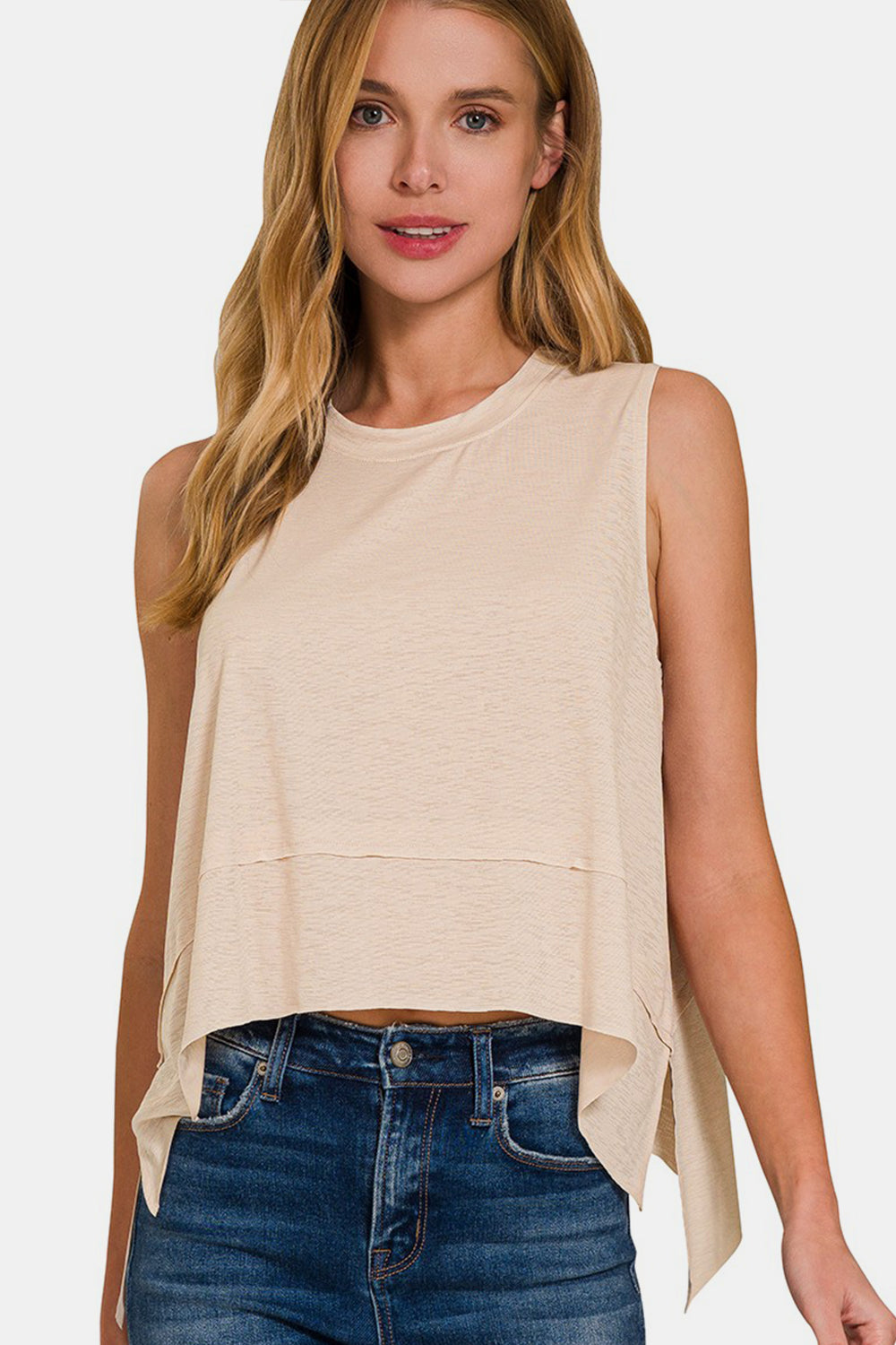 Women's Zenana Exposed Seam Slit Round Neck Tank