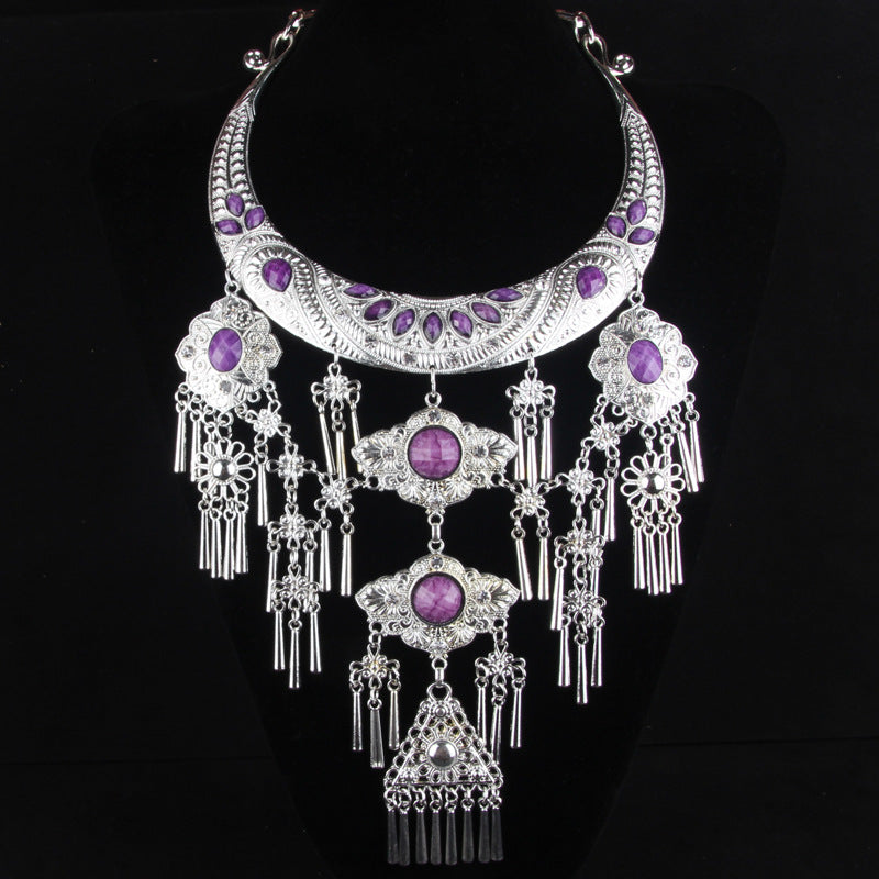 Ethnic Style Retro Gemstone Pendant Large Necklace Miao Silver Classical Performance Shooting Long Necklace