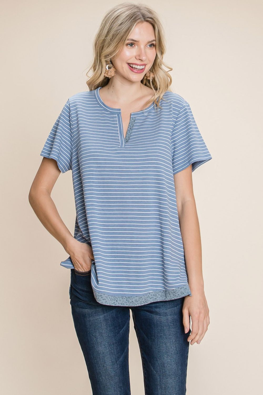 Women's Cotton Bleu by Nu Lab Slit Striped Notched Short Sleeve T-Shirt