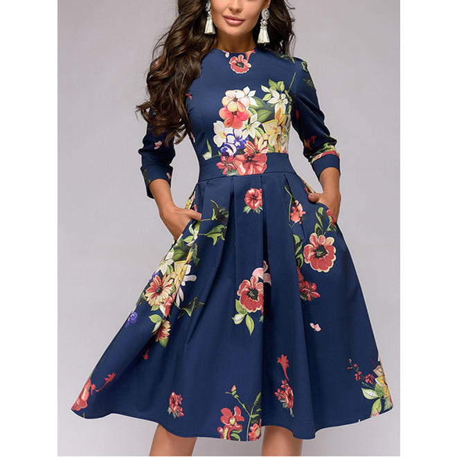 Ketty More Women Magnificent Round Neck Floral Printed Pleated Breathable Dress-KMWDC5144