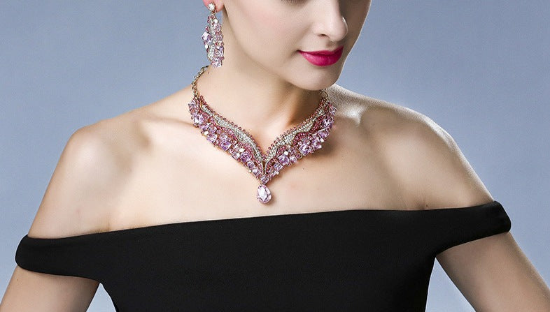 Pink short clavicle chain earrings rhinestone necklace