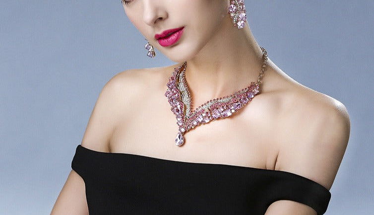 Pink short clavicle chain earrings rhinestone necklace