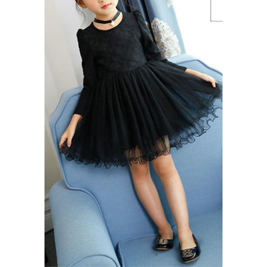 Kids Girls Easy Round Neck Long Sleeve Pretty Solid Colored Lightweight Thin Skirt Dress -  C10836UKGD