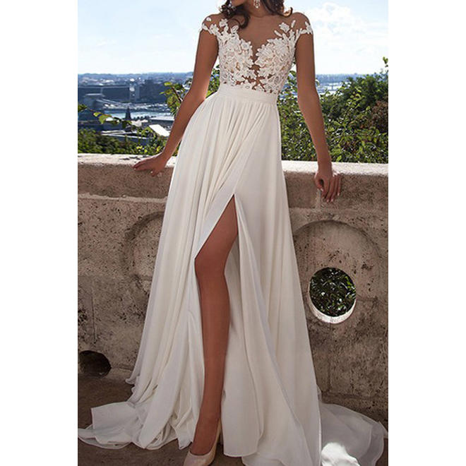 Women Cap Sleeve Lace Slit Gown Wedding Dress - C13457TCD