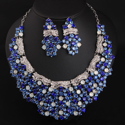 Blue diamond gemstone necklace earrings set dress dinner bride female accessories